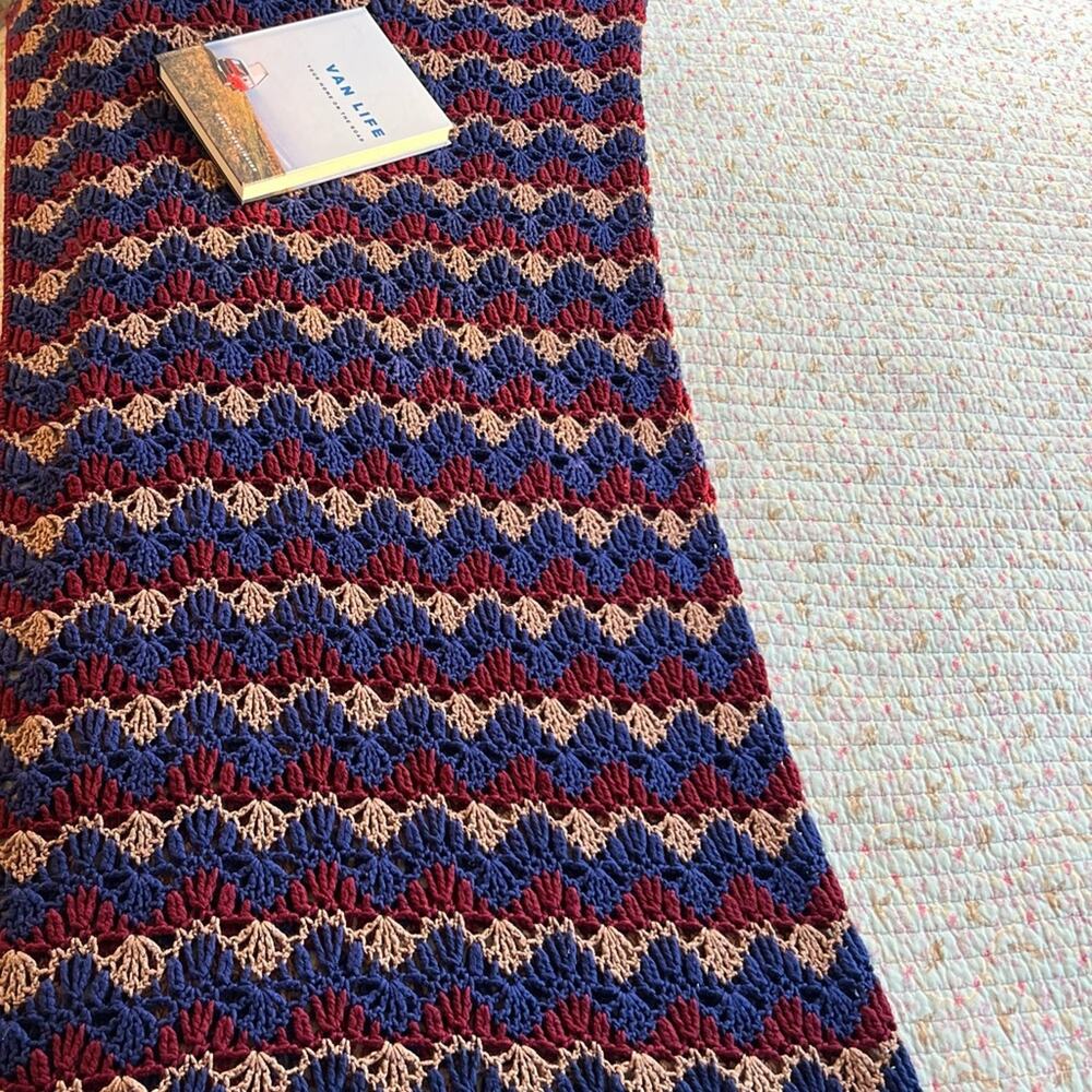 Vintage Handmade Loose Open Knit Crochet Tan Red Blue Throw Blanket